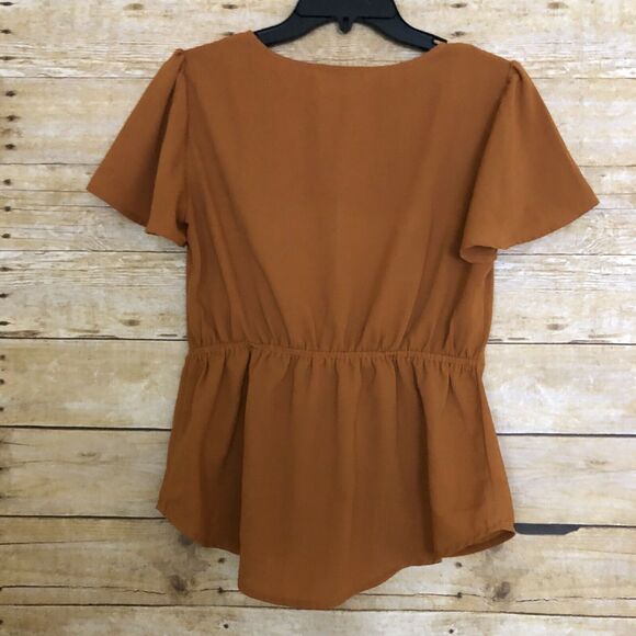 Favlux Mustard Yellow Knot Front Short Sleeve Blouse - Size Small - V-Neck Top - Picture 6 of 6